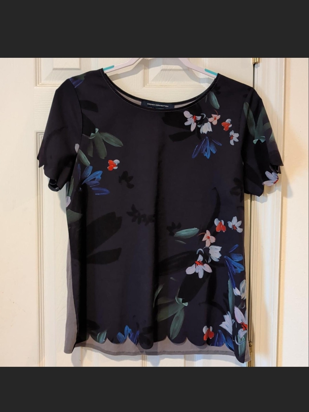 French Connection Black Floral Short Sleeve Top